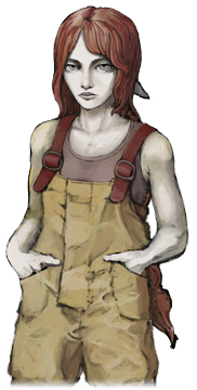 a 2/3 drawing of abella. she is a woman with sharp features and bright red hair down to her waist. it is tied off with a bow. she is wearing a pair of yellow overalls with reddish leather straps and a faded orange tank top. her hands are in the pockets of her overalls.